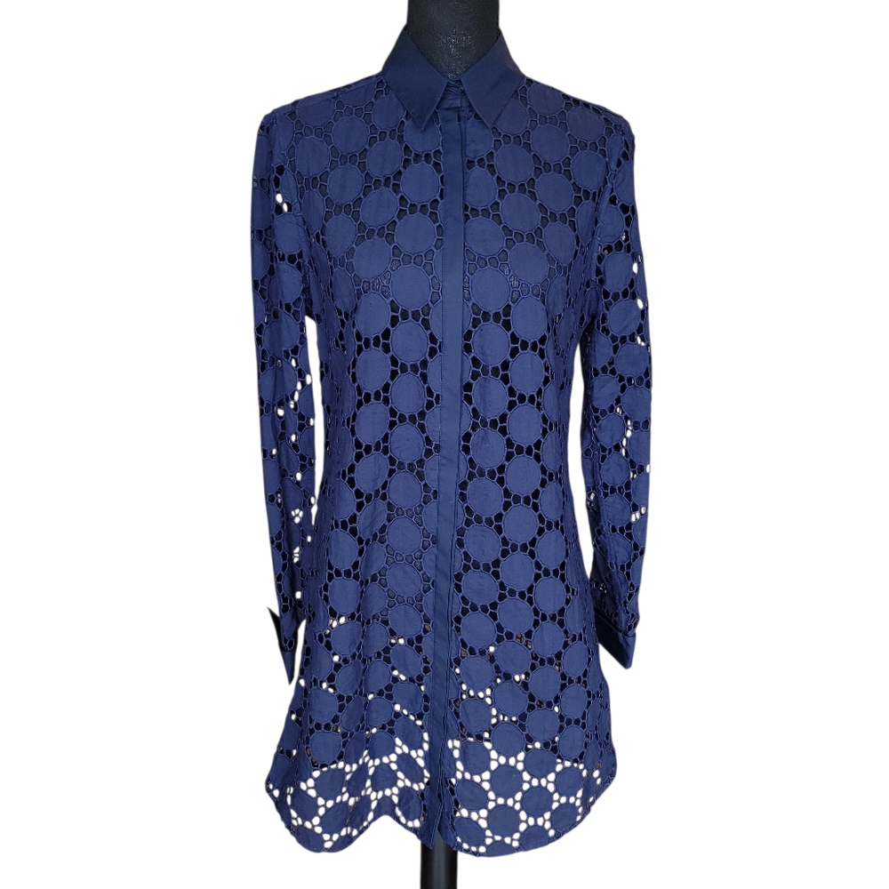 Anne Fontaine Navy Blue Eyeless long Sleeve Button Front Dress Women's Size 6